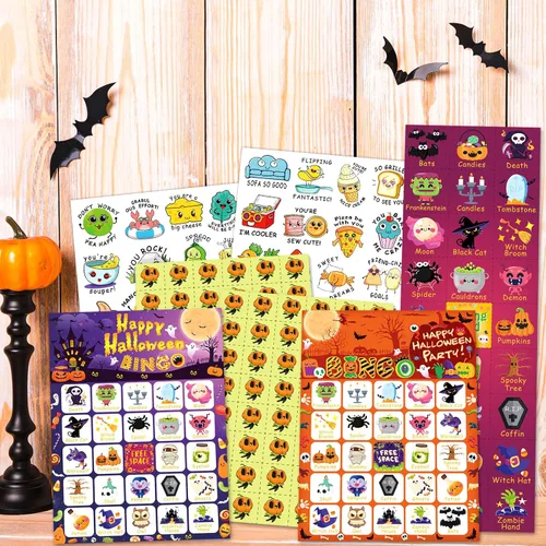 Miniatura 7 de Tarjetas de bingo de Halloween de MonEnfance, juego de bingo de Halloween para 24 jugadores para niños y adultos con pegatinas divertidas, lindo