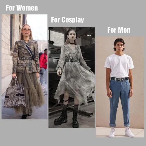 Miniatura 7 de FIORETTO Cinturón de cuero con ojales y cadena desmontable para mujeres y hombres, cinturones de cintura punk rock para pantalones vaqueros