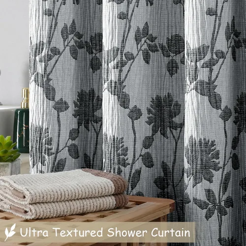 Miniatura 4 de OVZME Cortina de ducha floral negra de 72 pulgadas de largo, cortina de baño de textura arrugada y gruesa de calidad hotelera, decoración de baño