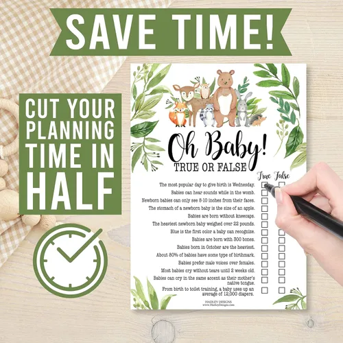 Miniatura 7 de Hadley Designs Juegos de baby shower para 25 invitados – Woodland Baby Shower Juego de palabras Scramble, verdadero o falso, juego de baby shower