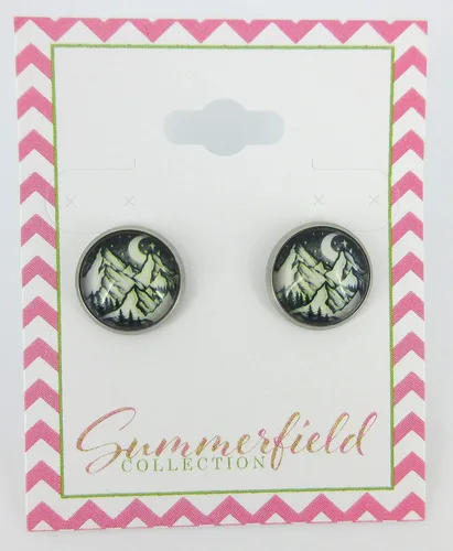 Miniatura 6 de Pendientes de cristal con estampado de montaña nevada y estrellas de luna y cielo nocturno, 0.472 in, negro, blanco, amarillo
