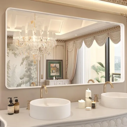 Miniatura 39 de WEER - Espejo de baño dorado, espejo de 40x32 pulgadas con marco de metal dorado cepillado, espejo de tocador de baño de oro para pared