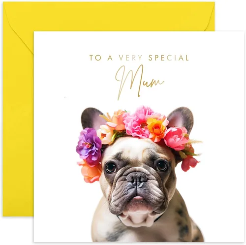 Old English Co. - Tarjeta de felicitación de bulldog francés muy especial, diseño floral de cachorro de bulldog francés para ella, lindas tarjetas