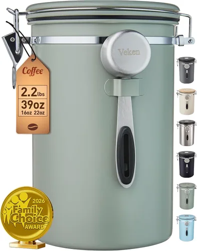 Miniatura 15 de Veken - Recipiente hermético para café de acero inoxidable, contenedor de almacenamiento de alimentos para la cocina con registro de fecha y cuchara