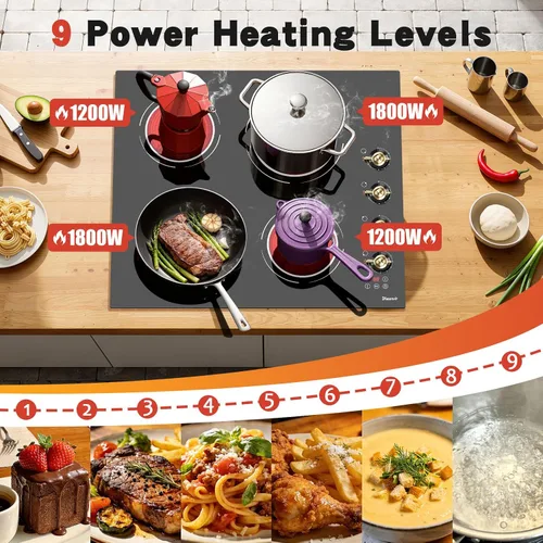 Miniatura 2 de Placa de cocina eléctrica de 24 pulgadas - 4 quemadores, encimera integrada de vidrio y cerámica, 6000W, 220V, estufa eléctrica radiante, 9 niveles
