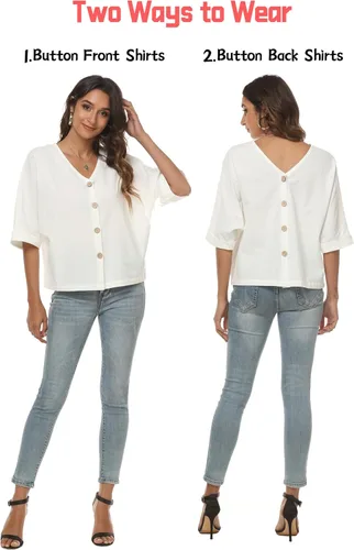 Miniatura 5 de LNX Camisas de lino con botones y cuello en V para mujer, blusas casuales de verano