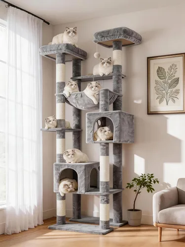 Miniatura 9 de Hey-brother Torre de árbol alto para gatos, postes rascadores resistentes con plataformas grandes, condominios acogedores, hamaca grande, bolas