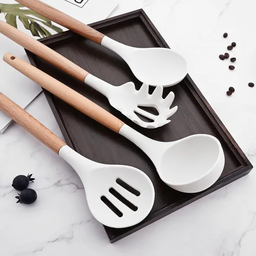 Miniatura 2 de 1 cucharón de sopa de silicona blanca con mango de madera, utensilios de cocina resistentes al calor, cuchara grande antiadherente para servir 1