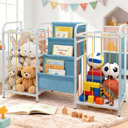 Almacenamiento de juguetes de doble cara para niños y estantería de 3 niveles - Organizador Montessori para niños pequeños con cubos de juguetes