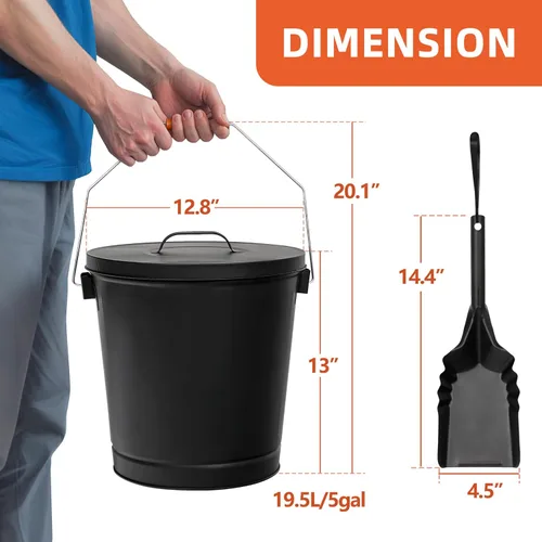 Miniatura 5 de Nouva Cubo de cenizas de 5.15 galones con tapa y pala - Cubo de cenizas galvanizado de metal para carbón para chimenea, fogata, estufa de leña