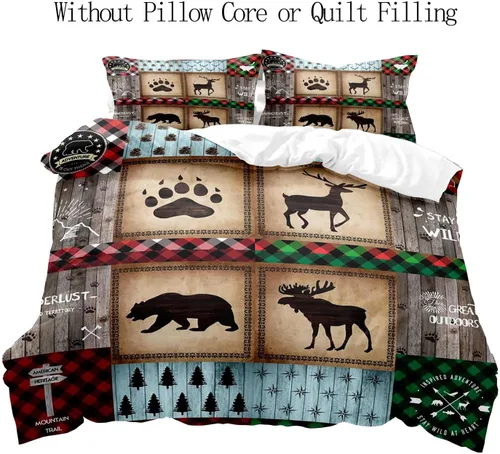 Miniatura 2 de LUVIVIHOME Juego de funda de edredón de 2 piezas, diseño de oso y alce, ciervo, ciervo, ropa de cama de cabaña, ropa de cama rústica de granja