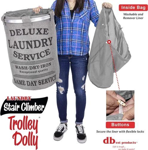 Miniatura 4 de dbest products Carrito de lavandería para escaleras con ruedas, Gris Bolsa de lavandería con cesta y organizador con ruedas