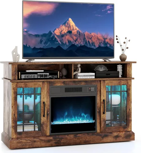 Miniatura 9 de Tangkula - Soporte de TV de esquina con chimenea y luces LED y control inteligente por APP para TV de 50 pulgadas, centro de entretenimiento con Gris