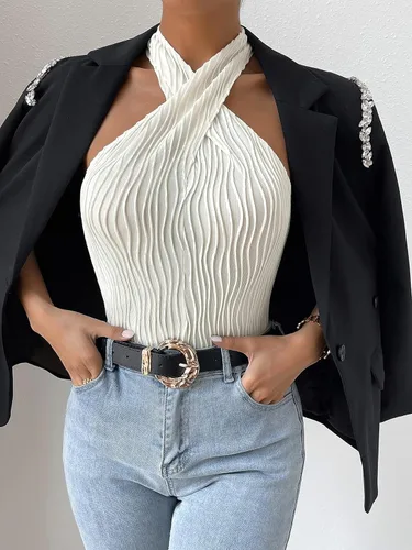 Miniatura 5 de GORGLITTER Camiseta sin mangas con textura cruzada y cuello halter para mujer