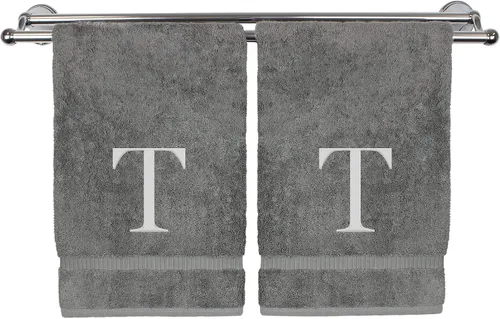 Miniatura 30 de Toalla de mano monogramada, regalo personalizado, juego de 2 - Toalla bordada con letra de bloque dorada - Extra absorbente 100% algodón turco
