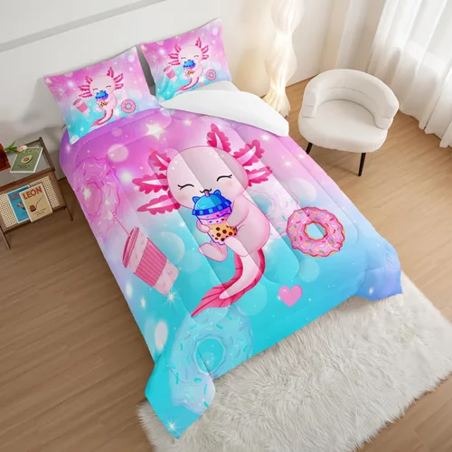 Miniatura 3 de HOSIMA Juego de edredón individual de Axolotl, ropa de cama linda con animales, decoración de habitación para niñas adolescentes, té de leche