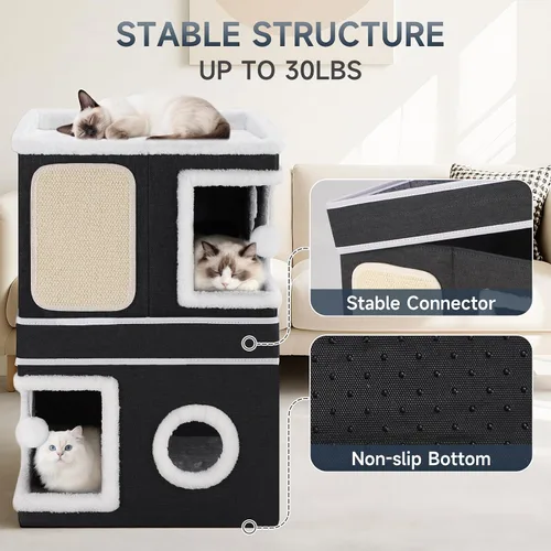 Miniatura 5 de Casa de Gato de 2 Pisos para Gatos de Interior, Separable en 2 Grandes Camas de Gato Cueva con Condominios Escondidos, Almohadillas para Rascar