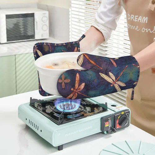 Miniatura 7 de Juego de guantes de horno y soportes para ollas pintados a mano con libélula impresos, resistentes al calor, antideslizantes, guantes de cocina, 2