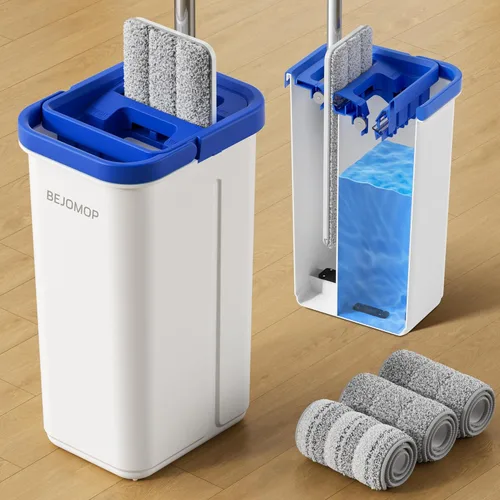 Miniatura 10 de Juego de trapeador y cubo, mopas para limpieza de suelos turquesa-cian, trapeador de pared con mango largo, sistema de trapeador plano y cubo, mopa