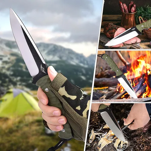 Miniatura 5 de KOMWERO Cuchillo de hoja fija con funda Kydex, hoja de acero D2 de 4.52", cuchillo de espiga completa con mango verde G10, cuchillos de caza al aire