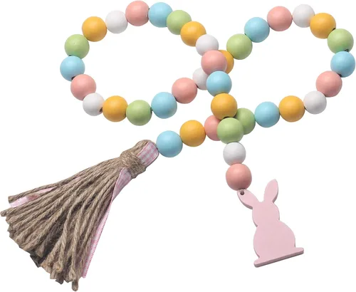 Miniatura 11 de Guirnalda de cuentas de madera de Pascua con borlas y etiqueta de conejo, cuentas de madera de estilo granja para decoraciones de bandeja