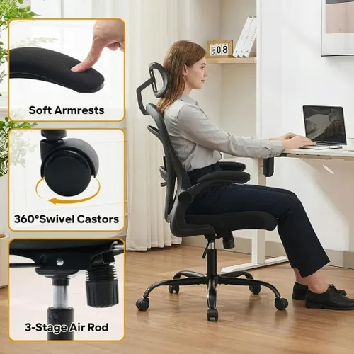 Miniatura 6 de Silla de oficina ergonómica de malla, silla de escritorio de respaldo alto con soporte lumbar ajustable y reposacabezas, reposabrazos abatibles