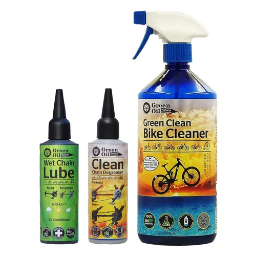 GREEN OIL Paquete Saver - Incluye lubricante para cadena de bicicleta húmeda de 3.4 fl oz, gelatina desengrasante 3.4 fl oz, verde limpio 10.1 fl oz