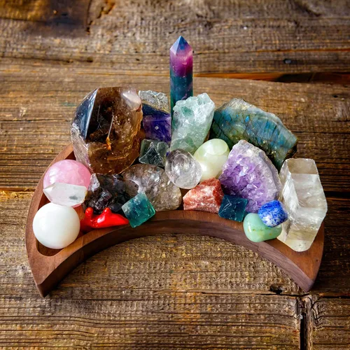 Miniatura 4 de Bandeja de luna creciente – Muestra tus gemas, piedras curativas y tesoros – Bandeja de exhibición de cristal de madera de 10 x 5 pulgadas, soporte