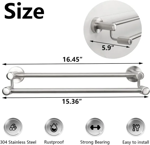 Miniatura 3 de TocTen Barra Doble para Toallas de Baño - Toallero de Acero Inoxidable SUS304 Reforzado para Baño, Accesorios de Baño Barra Doble para Toallas