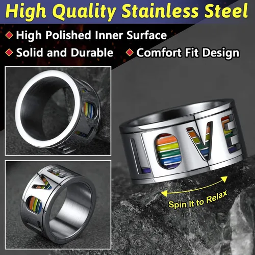 Miniatura 4 de FaithHeart Anillos para ansiedad LGBT Pride Rainbow, acero inoxidable/chapado en oro de 18 quilates, joyería de amor es amor para hombres y mujeres