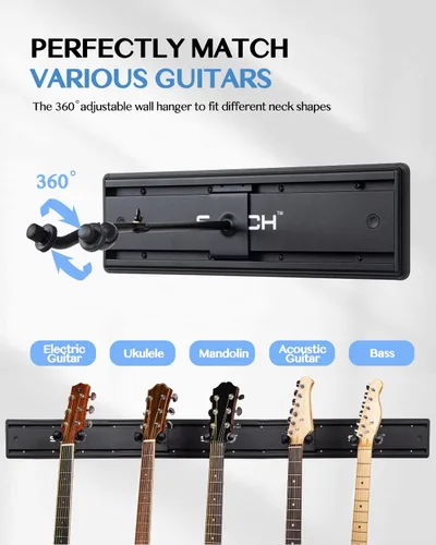 Miniatura 4 de STRICH Perchas de montaje en pared para guitarra, capacidad para 5 guitarras, aluminio pintado de negro, estante de metal de aluminio fuerte, juego