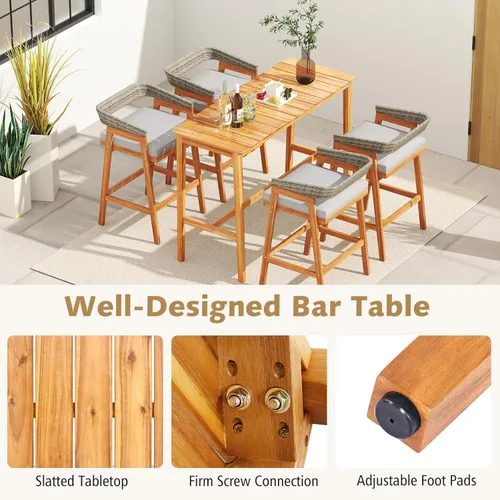 Miniatura 5 de Tangkula Juego de barra de patio de 5 piezas, mesa de madera de acacia para exteriores con 4 taburetes acolchados con respaldo de ratán curvado