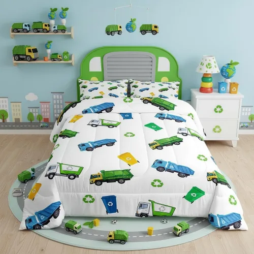 Miniatura 2 de Juego de edredón de camión de basura para niños, tamaño King, juego de ropa de cama de automóvil de dibujos animados para niños, adolescentes