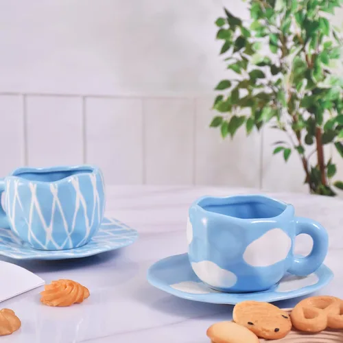Miniatura 8 de Koythin - Juego de taza de café de cerámica con platillo, linda taza de café con nubes y taza para oficina y hogar, tazas de cielo azul y nubes Azul