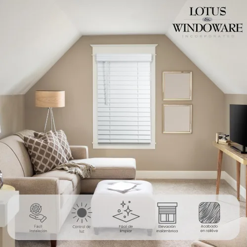 Miniatura 5 de Lotus & Windoware Sin Cable, Persiana de Madera Sintética de 2 Pulgadas, 34" de Ancho x 60" de Largo, Persianas para Ventanas, Persianas y Cortinas