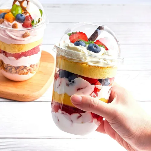 Miniatura 6 de Zezzxu Paquete de 50 Vasos de Postre de Plástico de 16 oz con Tapas de Cúpula (Sin Agujero) y Sporks, Vasos de Frutas Desechables Transparentes