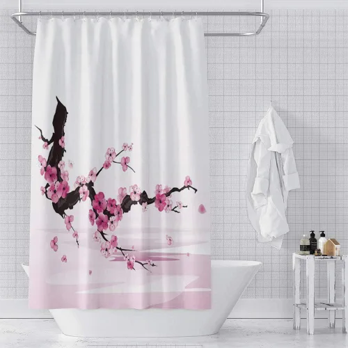 Miniatura 18 de Cortina de ducha japonesa con flores de cerezo blanco, pétalos que caen, decoración de fondo rosa, tela impermeable, cortina de baño floral