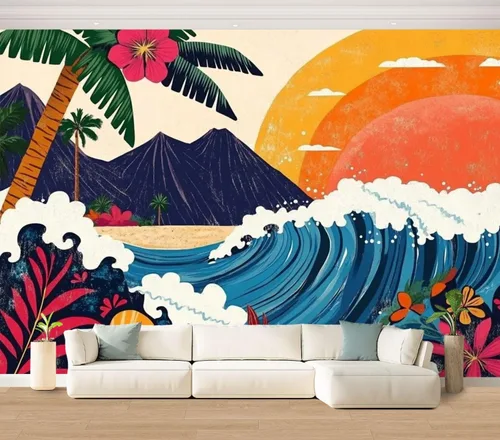 Miniatura 27 de Hawaii - Mural de pared retro exótico exótico tropical con olas de playa, paisaje, vintage, despegar y pegar, autoadhesivo, extraíble, adhesivo