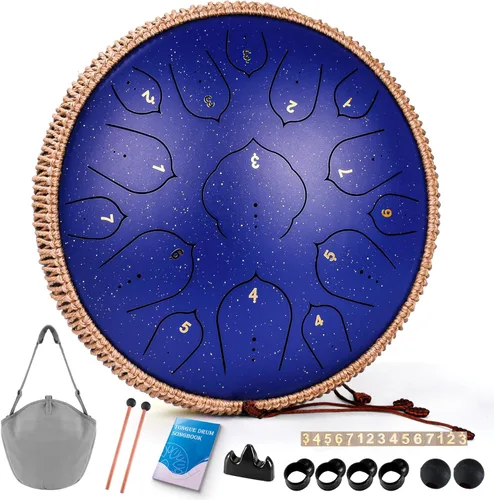 Miniatura 17 de Tambor de Lengua de Acero - 15 Notas Tambor de Acero - Instrumento de Tambor Handpan de 14 Pulgadas con Libro de Música, Mazos para Instrumentos