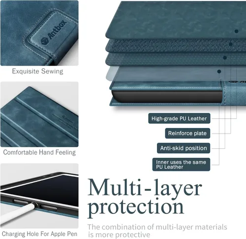 Miniatura 4 de Antbox Funda para iPad de 9ª generación (2021) iPad de 8ª/7ª generación con soporte para lápiz Función de reposo/encendido automático de cuero PU