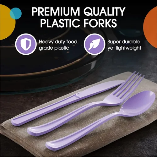 Miniatura 4 de Party Solids Tenedores de plástico lavanda, 200 piezas, tenedores de lavanda, utensilios desechables, juego de cubiertos de plástico resistente