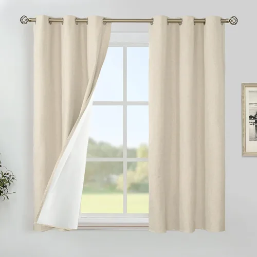 Miniatura 25 de YoungsTex - Cortinas de lino beige 100% opacas para dormitorio de 63 pulgadas de largo, cortinas cortas con aislamiento térmico y ojales