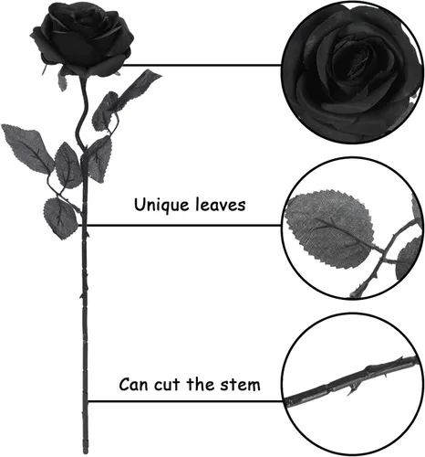 Miniatura 3 de Whaline Paquete de 12 rosas artificiales de seda, rosas negras, rosas falsas románticas realistas con tallos largos para fiestas de Halloween