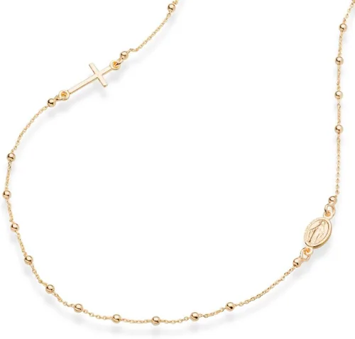 Miabella - Collar de plata de ley italiana 925 bañado en oro de 18 quilates con cuentas de rosario italiano y cruz lateral en forma de flor para