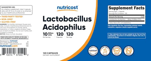 Miniatura 9 de Nutricost Lactobacillus Acidophilus 10 mil millones de UFC, 120 cápsulas vegetarianas