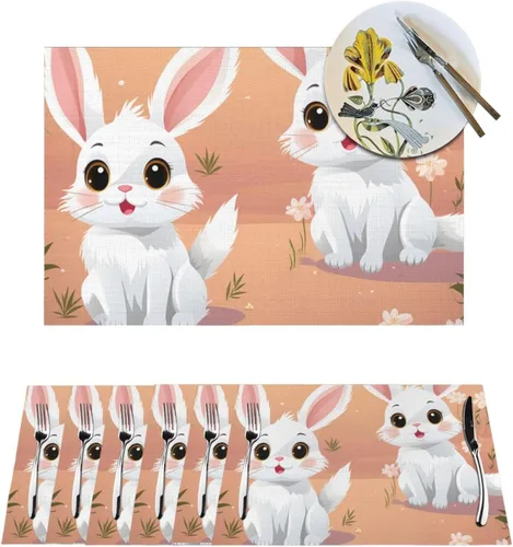 6 PCS PVC Placemats Set Place Mats Cute White Bunnies Non-Slip Weave Place Mats 12" x 18" Farmhouse Table Mat Set for Family Dinners Wedding Parties