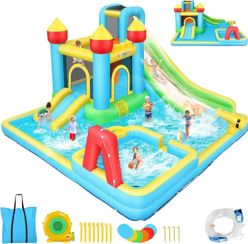Miniatura 9 de WHUBEFY Casa de rebote, doble tobogán acuático con soplador para niños grandes de 3 a 12 años, castillo inflable de rebote