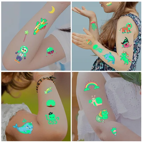 Miniatura 3 de 297 tatuajes luminosos para niños, 16 hojas de estilos mixtos de tatuajes temporales con sirena/dinosaurio/espacio/pirata para niños y niñas