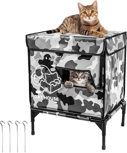 Miniatura 10 de Casa para gatos al aire libre, refugio elevado indestructible para gatos resistente a la intemperie con puerta de escape, exterior impermeable
