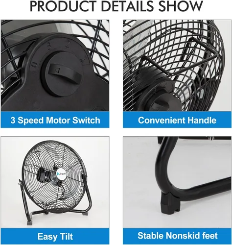 Miniatura 5 de ACHAZEL Ventilador de piso de alta velocidad de 12 pulgadas, ventilador de metal resistente de 3 velocidades con inclinación de 180°, comercial
